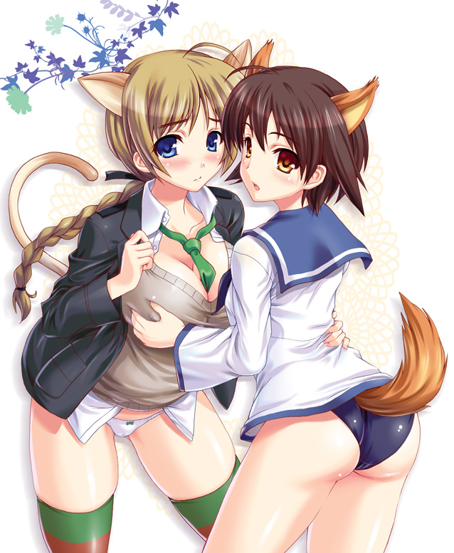 animal_ears ass between_breasts blue_eyes blush bow bow_panties braid breast_squeeze breasts brown_eyes brown_hair cat_ears cat_tail cleavage dog_ears dog_tail kawase_seiki large_breasts lynette_bishop miyafuji_yoshika multiple_girls necktie panties school_uniform serafuku short_hair small_breasts strike_witches striped striped_legwear tail thighhighs underwear world_witches_series yuri