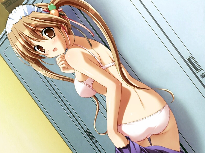 ass blush bra breasts brown_eyes brown_hair carrot dutch_angle food_themed_clothes from_behind game_cg kunugi_ayano lingerie locker locker_room long_hair looking_back medium_breasts murakami_suigun non-web_source open_mouth panties pia_carrot_(series) pia_carrot_e_youkoso!!_g.o. solo surprised twintails underwear underwear_only undressing waitress