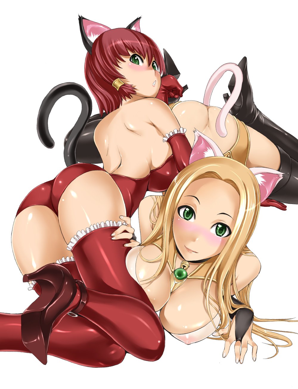 animal_ears ass blonde_hair blush boots breasts cat_ears cat_tail cleavage elbow_gloves gloves green_eyes hakaba_(dairiseki) high_heels highres large_breasts long_hair miranda_(quiz_magic_academy) multiple_girls quiz_magic_academy red_hair ruquia shoes short_hair tail thigh_boots thighhighs