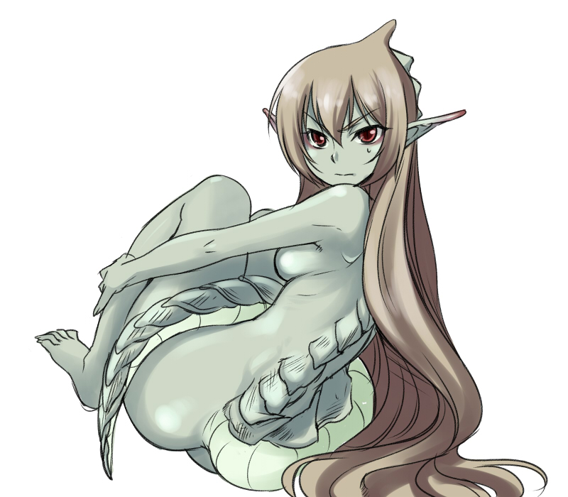 695_(mukuko) ahoge ass bad_id bad_pixiv_id barefoot breasts brown_hair dragon_girl dragon_tail feet frown green_skin long_hair medium_breasts monster_girl nude original pointy_ears reptilian ryuujin_no_senpai scales sideboob sweatdrop tail toes very_long_hair