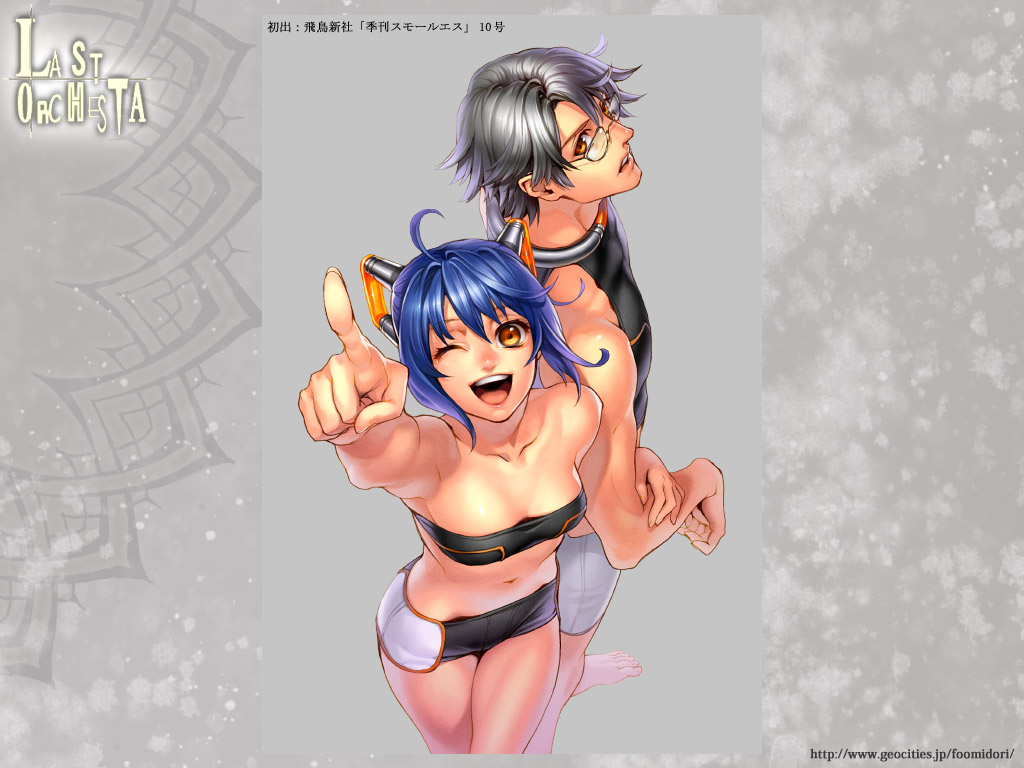 1girl ;d ahoge bangs banned_artist bare_arms bare_shoulders barefoot blue_hair brown_eyes collarbone copyright_request from_above glasses grey_background headgear locked_arms midori_fuu midriff navel one_eye_closed open_mouth parted_lips pointing pointing_up silver_hair sleeveless smile watermark web_address