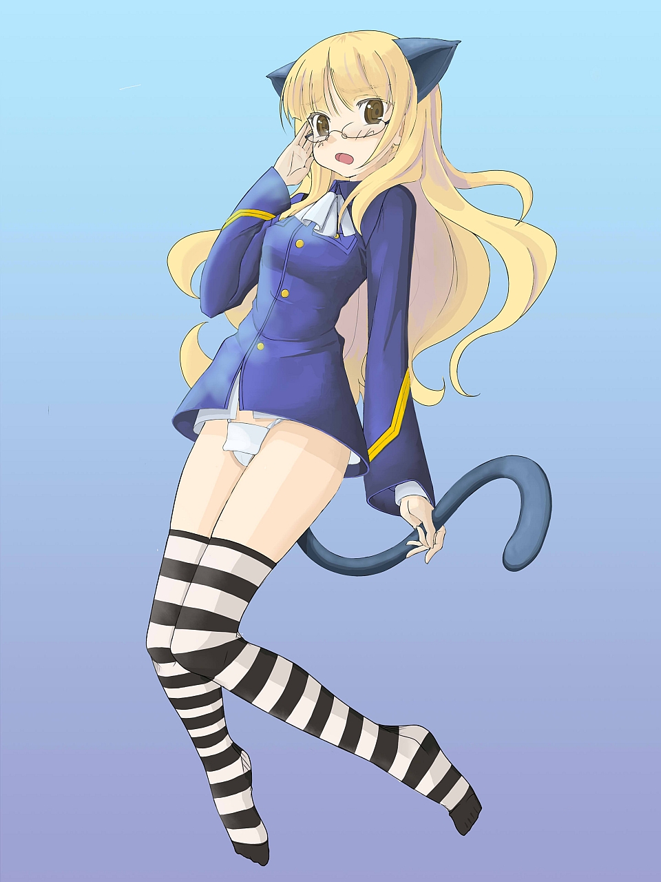 alternate_legwear animal_ears artist_request blonde_hair blush fundoshi glasses highres japanese_clothes long_hair perrine_h_clostermann solo strike_witches striped striped_legwear tail thighhighs world_witches_series