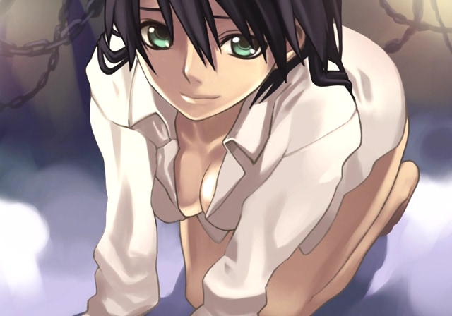 all_fours alternate_costume ar_tonelico ar_tonelico_i barefoot black_hair bottomless breasts chain cleavage dress_shirt game_cg green_eyes large_breasts misha_arsellec_lune nagi_ryou open_clothes open_shirt shirt smile solo
