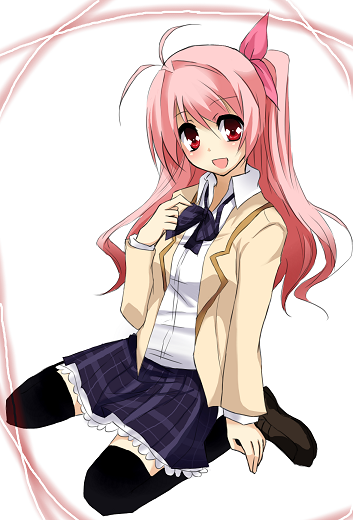 artist_request chaos;head long_hair one_side_up pink_hair red_eyes sakihata_rimi solo thighhighs