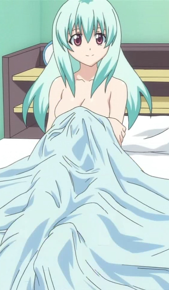 aqua_hair bangs bed bed_sheet breasts cleavage hair_between_eyes holding_arm indoors large_breasts light_smile long_hair naked_sheet pillow pink_eyes run_elsie_jewelria screencap shelf sidelocks sitting smile solo stitched third-party_edit to_love-ru