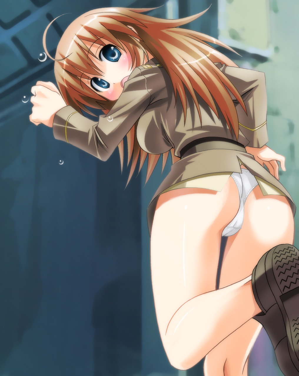 ahoge ass bad_id bad_pixiv_id blue_eyes brown_hair cameltoe charlotte_e_yeager highres long_hair looking_back panties solo strike_witches umekichi underwear world_witches_series