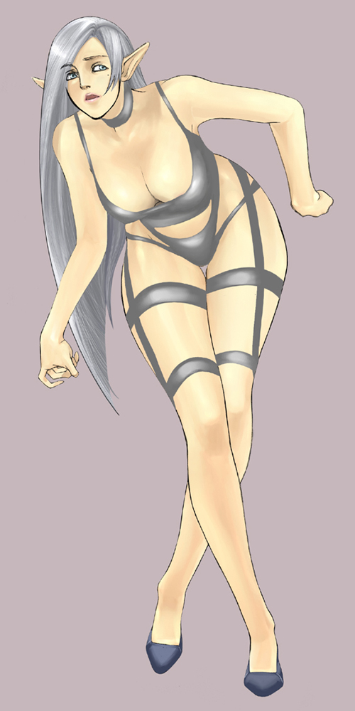 blue_eyes copyright_request grey_hair high_heels kyoukai legs long_hair pointy_ears shoes solo swimsuit