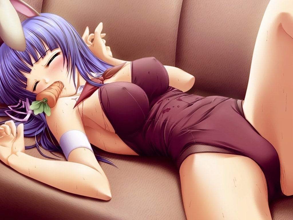 after_sex animal_ears bare_legs blue_hair breasts bunny_ears bunny_girl bunnysuit carrot closed_eyes couch fruit_punch_(eroge) highleg large_breasts long_hair lying non-web_source solo sweat youga_ai