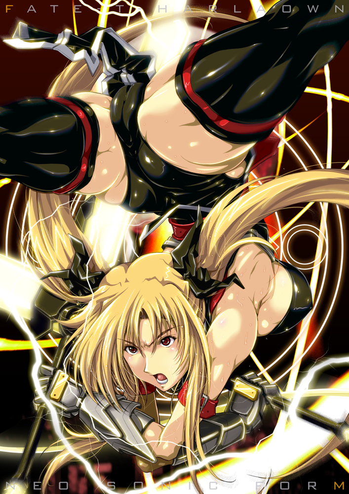 bardiche blonde_hair breasts cameltoe commentary_request fate_testarossa gloves katsuki_yousuke large_breasts lightning long_hair lyrical_nanoha magic_circle mahou_shoujo_lyrical_nanoha_strikers muscle red_eyes sideboob solo spread_legs thighhighs twintails very_long_hair