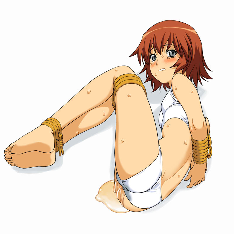 arms_behind_back barefoot blush bound_ankles box_tie flat_chest kaleido_star peeing peeing_self red_hair rope rosetta_passel short_hair tears wetting