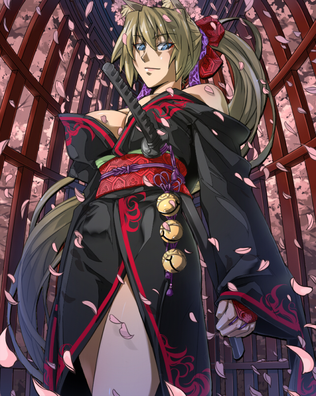 animal_ears blue_eyes breasts brown_hair cherry_blossoms fox_ears japanese_clothes katana kimono large_breasts long_hair original ponytail schelz solo sword weapon