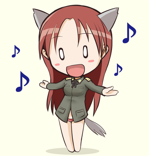 animal_ears artist_request chibi eighth_note lowres minna-dietlinde_wilcke music musical_note panties red_hair singing solo strike_witches tail underwear uniform world_witches_series