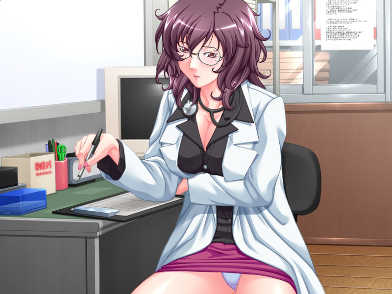 breast_hold breasts brown_hair cleavage clipboard computer desk doctor game_cg gentle_sasaki glasses large_breasts long_hair mamotte_agechau! miniskirt non-web_source panties pantyshot pen pencil_skirt sitting skirt solo spread_legs stethoscope sugita_reiko underwear white_panties