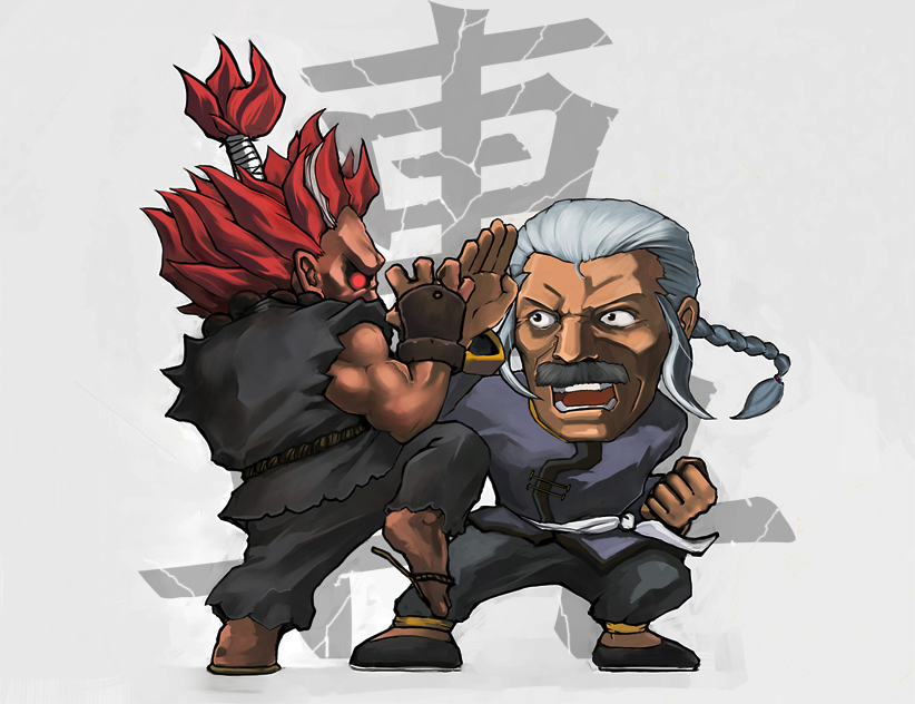 battle beads braid chibi chinese_clothes crossover dougi duel facial_hair fingerless_gloves g_gundam gloves glowing glowing_eyes gouki grey_hair gundam male_focus master_asia multiple_boys mustache old_man prayer_beads red_hair sandals sash street_fighter tomnic topknot torn_clothes