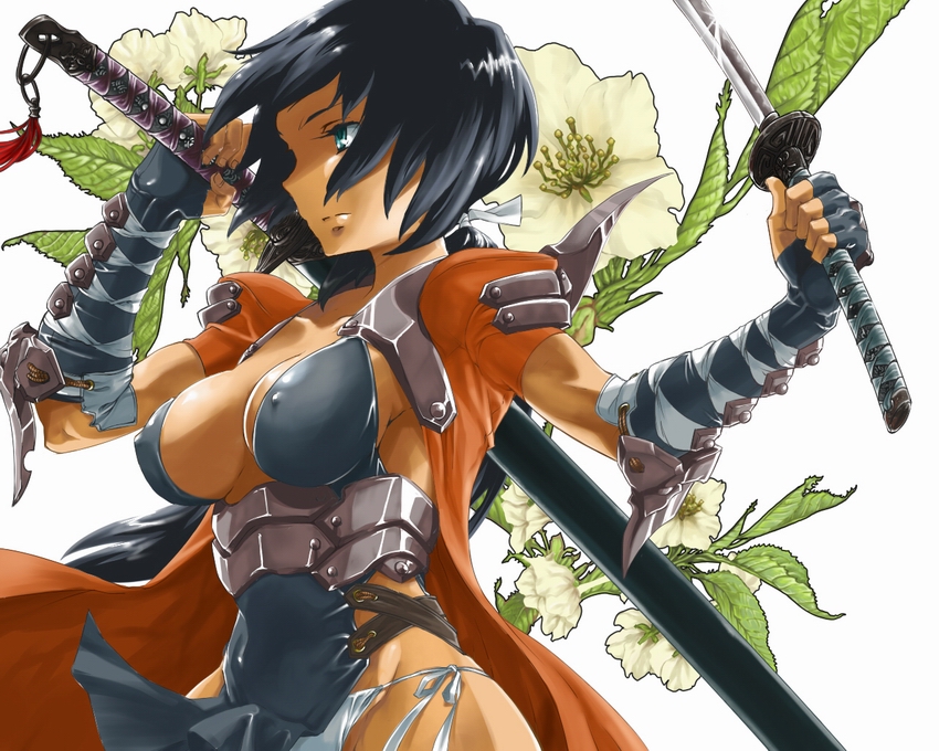 black_hair blue_eyes breasts copyright_request covered_nipples fingerless_gloves gloves hekeniko katana large_breasts ootachi ponytail shoulder_pads solo strap sword weapon