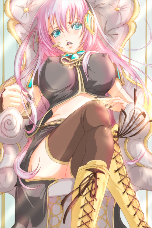bad_id bad_pixiv_id black_nails breasts covered_nipples crossed_legs green_eyes keepout large_breasts long_hair megurine_luka nail_polish pink_hair sitting solo thighhighs throne vocaloid