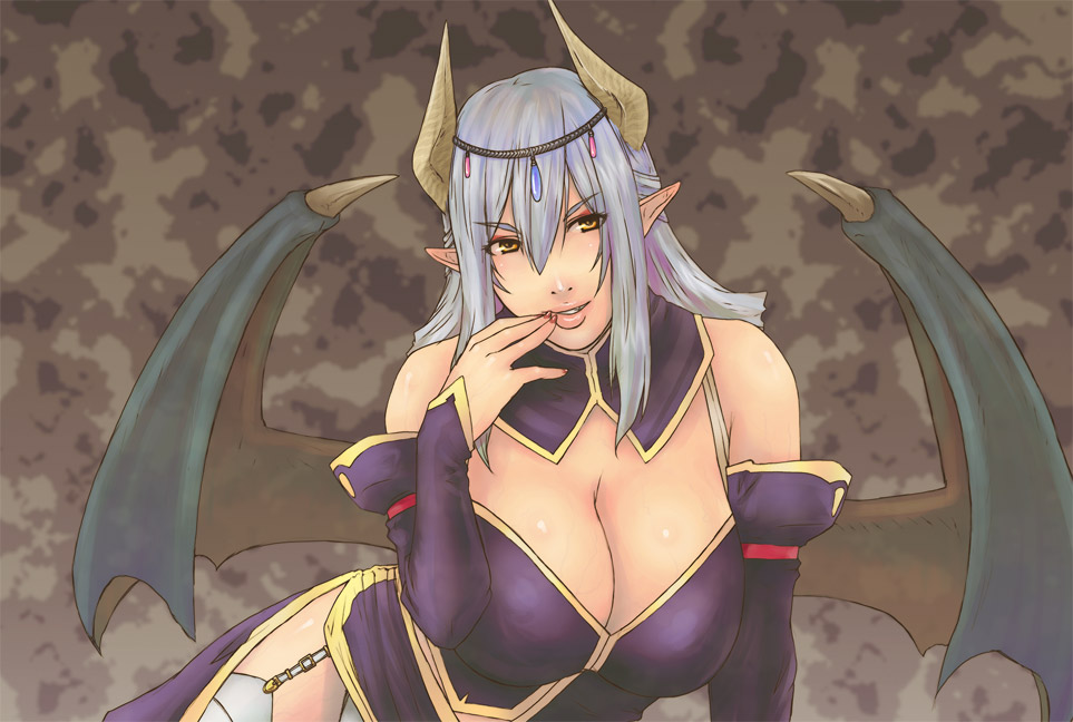 alva breasts cleavage copyright_request curvy demon_girl huge_breasts long_hair purple_hair solo succubus wings yellow_eyes