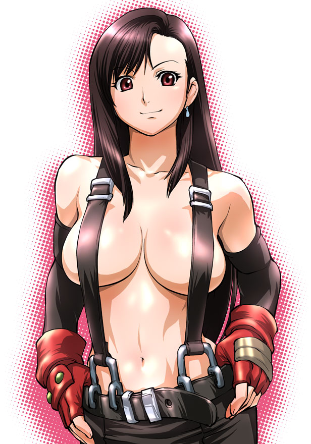 belt breasts brown_hair earrings elbow_gloves final_fantasy final_fantasy_vii fingerless_gloves gloves jewelry large_breasts long_hair naked_suspenders navel overalls red_eyes revealing_clothes smile solo suspenders tifa_lockhart topless ueyama_michirou