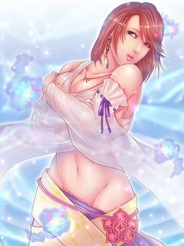 bad_id bad_pixiv_id bare_shoulders breasts brown_hair cleavage crossed_arms earrings final_fantasy final_fantasy_x groin heterochromia jewelry large_breasts long_hair momoman_(pink_voltage) navel necklace purple_eyes pyrefly see-through silver_eyes solo standing wet yuna_(ff10)