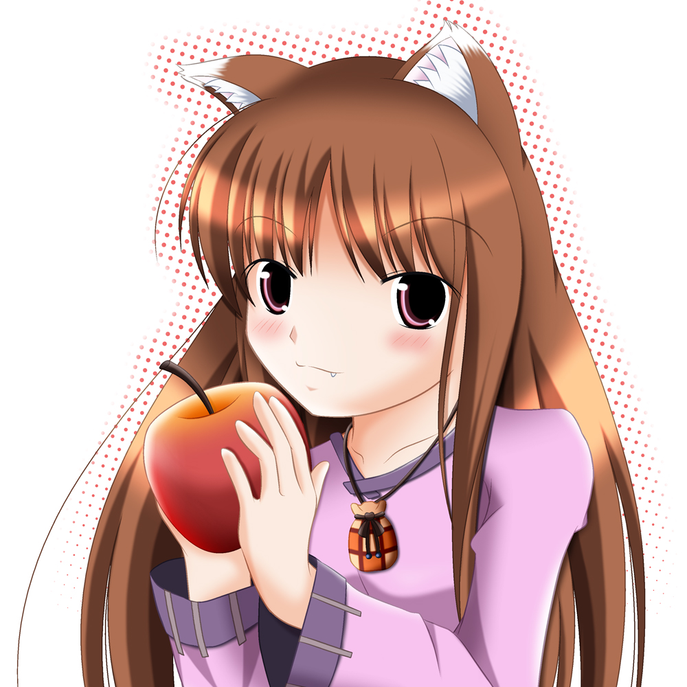 animal_ears apple bad_anatomy blush brown_hair dress food fruit holo long_hair red_eyes solo spice_and_wolf tail wolf_ears