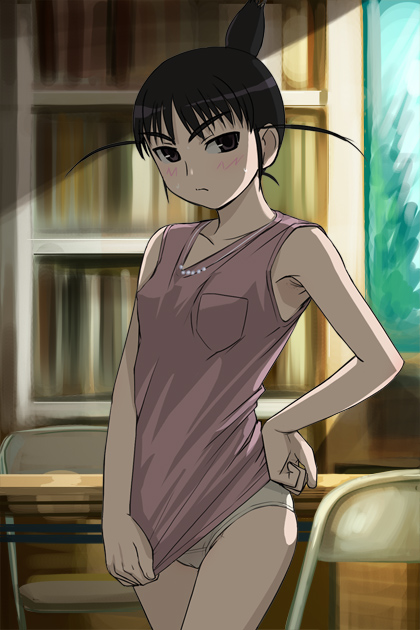 ahoge armpits black_hair blush covering covering_crotch flat_chest genshiken hand_on_hip haruyama_kazunori jewelry necklace no_pants ogiue_chika panties scowl shirt shirt_tug short_hair sleeveless sleeveless_shirt solo sunlight topknot underwear