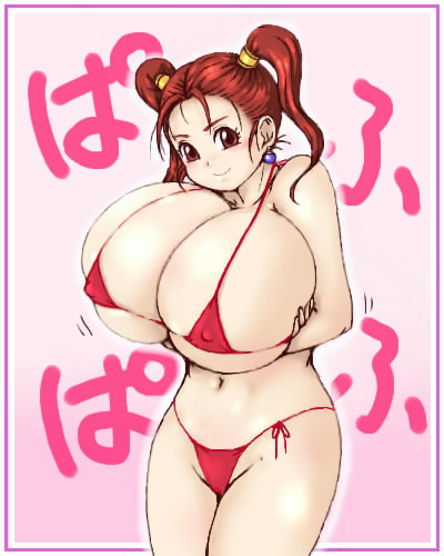 1girl bikini breast_hold breasts dragon_quest dragon_quest_viii earrings erect_nipples gigantic_breasts huge_breasts inomaru jessica_albert jewelry lowres red_eyes red_hair solo square_enix swimsuit