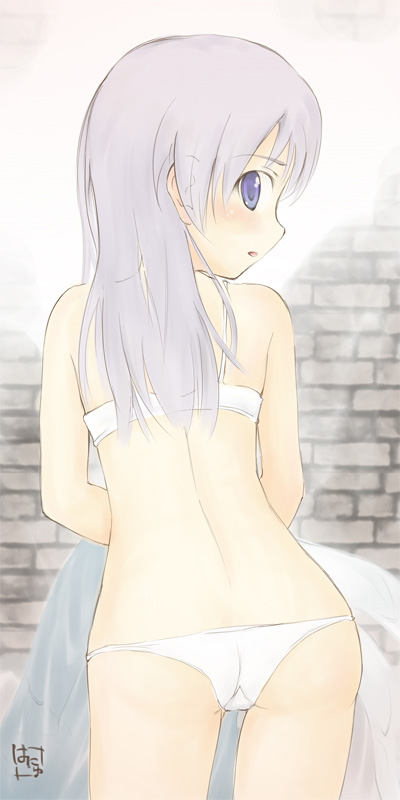 ass blue_eyes blush bra brick eila_ilmatar_juutilainen from_behind hanyu lingerie long_hair looking_back panties purple_hair signature solo strike_witches string_panties trefoil underwear underwear_only world_witches_series