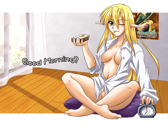 :p alarm_clock barefoot bottomless breasts clock dress_shirt elf feet food master_of_epic medium_breasts ootsuki_wataru open_clothes open_shirt original pointy_ears shirt sleeves_rolled_up solo tongue tongue_out