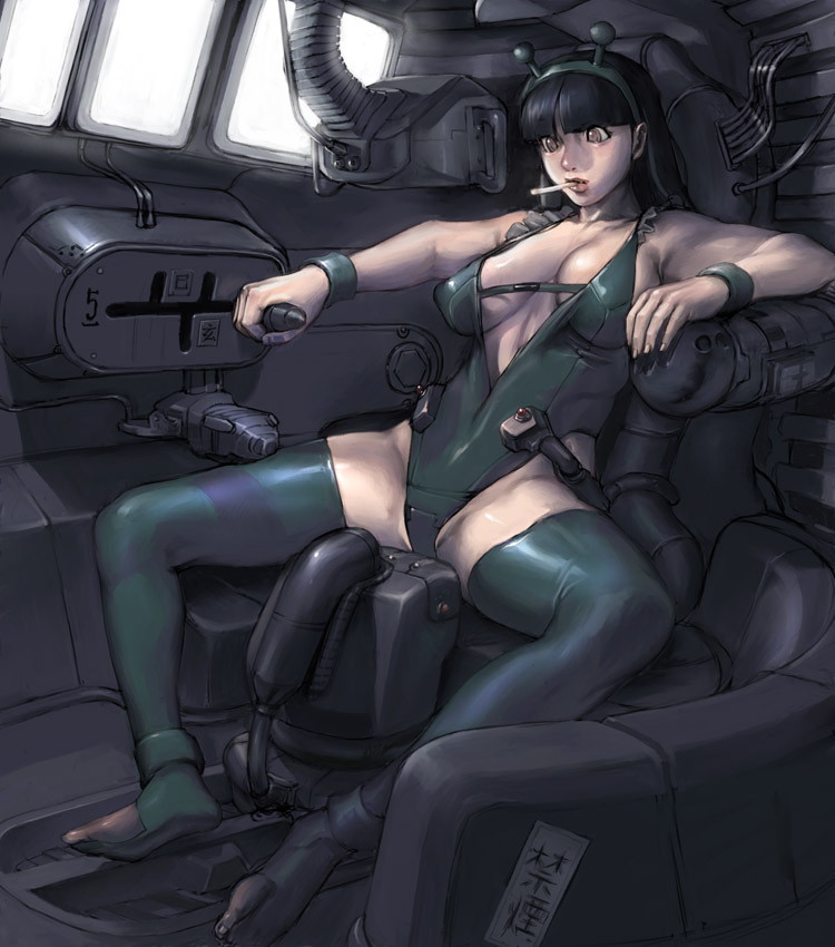 black_hair breasts cigarette cleavage cockpit junny large_breasts original sexually_suggestive solo thighhighs translation_request