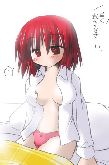 bed blush breasts cleavage copyright_request medium_breasts murabito open_clothes open_shirt panties pillow red_eyes red_hair shirt short_hair solo translated underwear
