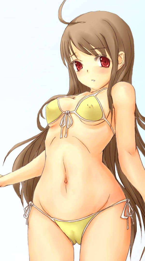 bad_id bad_pixiv_id bikini blush breasts brown_hair cameltoe copyright_request covered_nipples front-tie_top long_hair looking_at_viewer medium_breasts navel red_eyes side-tie_bikini simple_background solo string_bikini swimsuit underboob zhuxiao517
