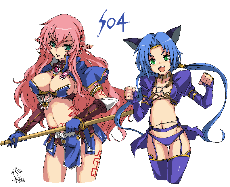 :d animal_ears armor bikini_armor blue_hair blue_panties breasts cat_ears cleavage cropped_legs elf fang flat_chest garter_belt gloves green_eyes kara_(color) large_breasts loincloth meracle_chamlotte midriff multiple_girls myuria_tionysus navel o-ring oekaki open_mouth panties pink_hair pointy_ears revealing_clothes simple_background skirt smile staff star_ocean star_ocean_the_last_hope thigh_gap thighhighs twintails underwear weapon white_background