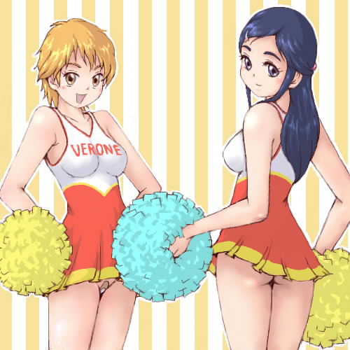 2girls cheerleader futari_wa_precure futari_wa_pretty_cure inomaru lowres misumi_nagisa multiple_girls no_panties pom_poms precure pretty_cure yukishiro_honoka