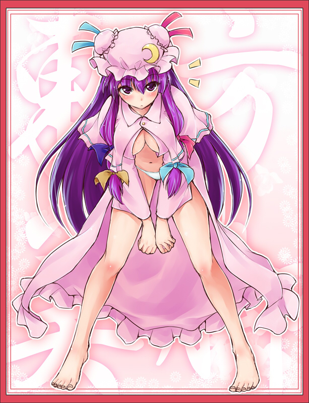 1girl :&lt; barefoot bent_over border breasts crescent fechirin feet hands hat large_breasts long_hair open_clothes open_shirt panties patchouli_knowledge purple_eyes purple_hair red_border shirt solo staring touhou underwear white_panties