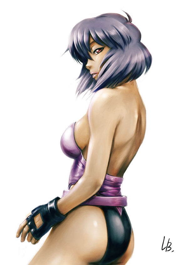 ass back blue_hair breasts fingerless_gloves ghost_in_the_shell ghost_in_the_shell_stand_alone_complex gloves kusanagi_motoko lb leotard medium_breasts purple_leotard red_eyes short_hair sideboob signature solo