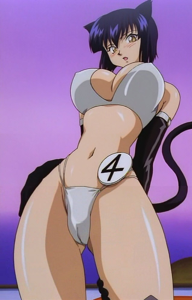 90s animal_ears bikini black_gloves black_hair blush breasts cameltoe cat_ears cleavage covered_nipples elbow_gloves from_below gloves large_breasts looking_at_viewer navel nekoi_koshka open_mouth parted_lips screencap solo stitched swimsuit tail tail_raised third-party_edit usagi-chan_de_cue!! white_bikini yellow_eyes