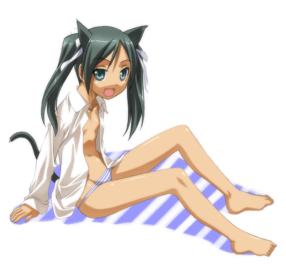 animal_ears bad_id bad_pixiv_id barefoot black_hair cat_ears feet flat_chest francesca_lucchini open_clothes open_shirt panties shirt smile solo strike_witches striped striped_panties tail umekichi underwear world_witches_series