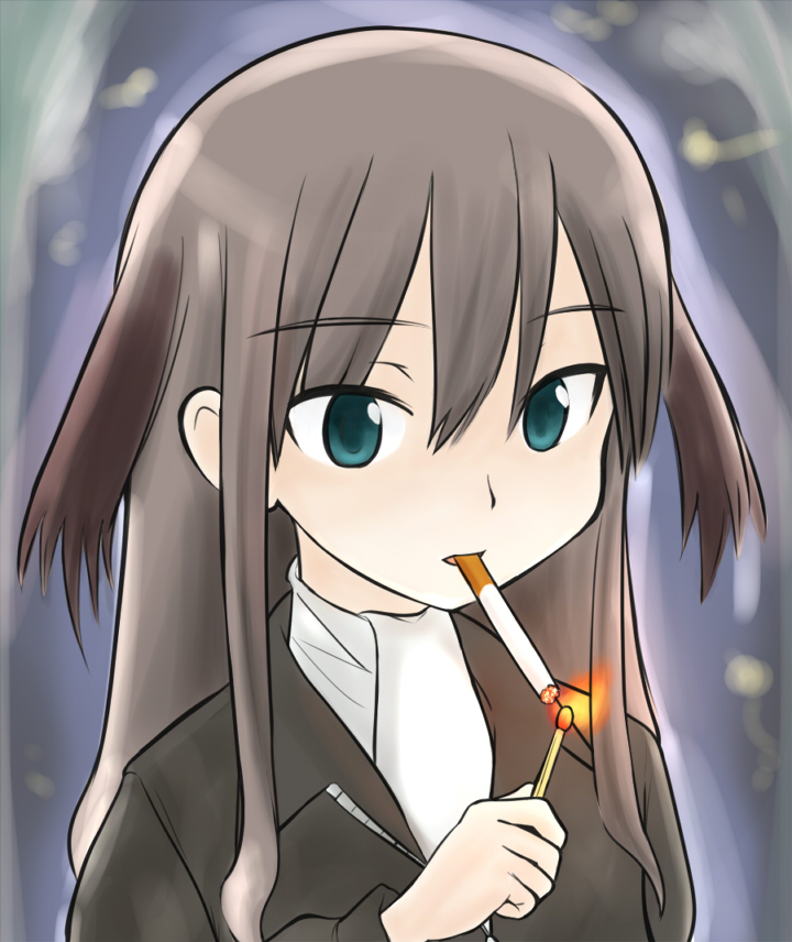 animal_ears blue_eyes brown_hair cigarette ebi_(ebifry) elizabeth_f_beurling matches solo world_witches_series