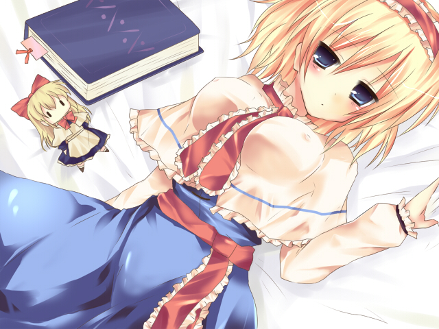 alice_margatroid bad_id bad_pixiv_id blonde_hair blue_eyes book breasts covered_nipples hane_riu impossible_clothes impossible_shirt large_breasts lying shanghai_doll shirt short_hair solo touhou