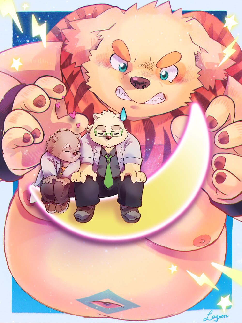 &lt;3 angry belly blush canid canine canis clenched_teeth cuddling cusith domestic_dog jambavan lagoon_bluebear leib_(tas) love_triangle male mammal moobs moon navel necktie nipples overweight overweight_male polar_bear tears teeth tokyo_afterschool_summoners ursid ursine video_games