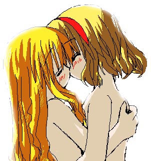 alice_margatroid blonde_hair blush kirisame_marisa kiss lowres multiple_girls murabito nude touhou yuri