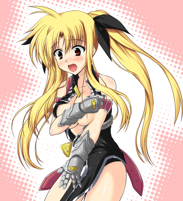 ahoge armor belt blonde_hair blush breast_hold breasts covering covering_crotch fate_testarossa gauntlets hair_ribbon johnny_(from_scratch) large_breasts long_hair lyrical_nanoha mahou_shoujo_lyrical_nanoha_strikers no_bra open_clothes open_mouth open_shirt red_eyes ribbon shirt solo strap surprised twintails very_long_hair wardrobe_malfunction