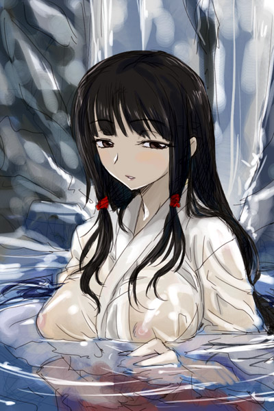 black_hair breasts brown_eyes japanese_clothes kimono large_breasts long_hair michael miko nipples original parted_lips pink_lips see-through shiroshouzoku solo water wet wet_clothes