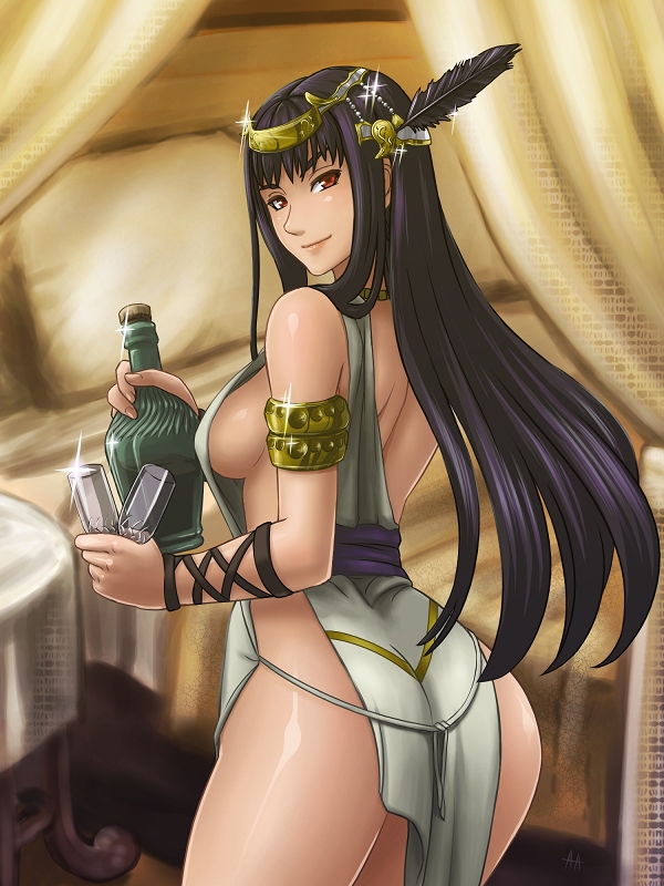 ass bare_shoulders bed black_hair bottle breasts feathers from_behind fushisha_o glass hrist_valkyrie long_hair looking_back medium_breasts pillow red_eyes sideboob smile solo standing valkyrie_profile