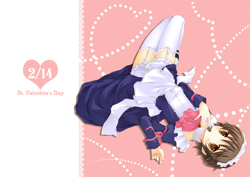 bad_id bad_pixiv_id bob_cut bow crossdressing dress garter_belt izumi_(applepie) lace little_busters! maid male_focus naoe_riki otoko_no_ko pink_bow ribbon solo thighhighs valentine white_legwear