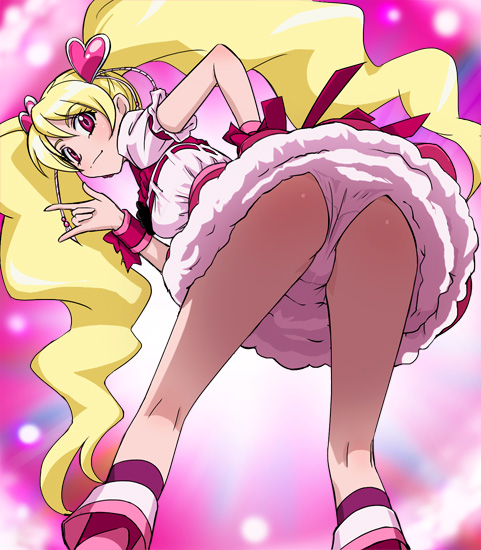 \m/ ass boots bow cure_peach fresh_precure! from_below hair_ornament haruyama_kazunori heart heart_hair_ornament knee_boots long_hair magical_girl momozono_love panties pink_bow pink_eyes pink_footwear precure solo underwear upskirt