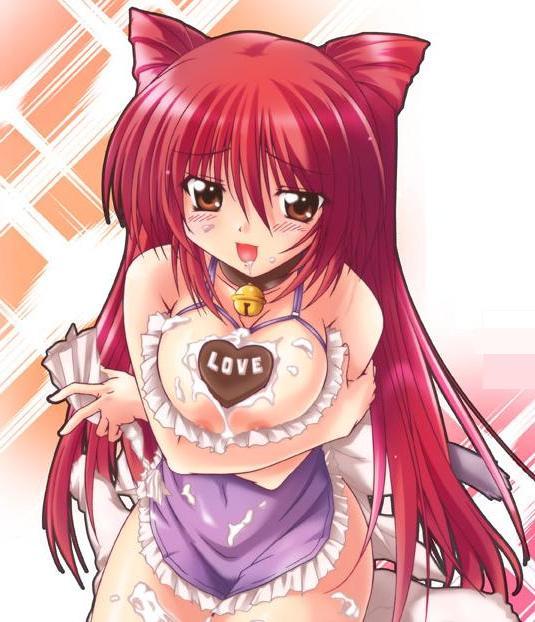 apron artist_request bell bell_collar blush breast_squeeze breasts brown_eyes cake chocolate collar food frills heart huge_breasts jingle_bell kousaka_tamaki long_hair naked_apron nipples open_mouth pastry red_hair solo to_heart_2
