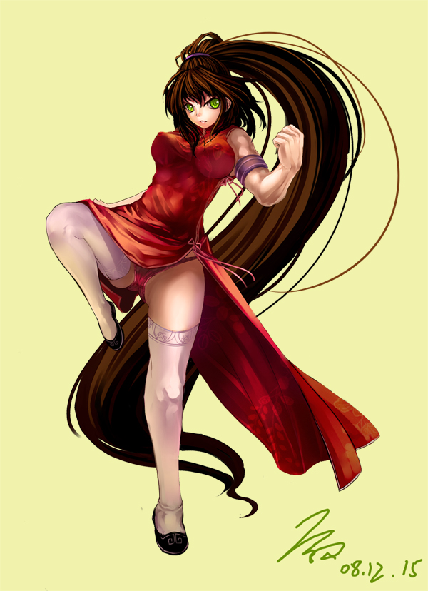 back-seamed_legwear bad_id bad_pixiv_id breasts china_dress chinese_clothes cleavage covered_nipples dress dungeon_and_fighter green_eyes large_breasts miyazaki_byou panties ponytail seamed_legwear solo standing standing_on_one_leg thighhighs underwear
