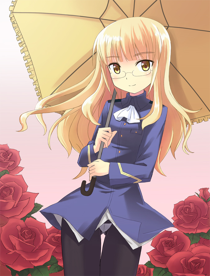 blonde_hair crotch_seam flower glasses long_hair military military_uniform nishikawa_ari panties panties_under_pantyhose pantyhose perrine_h_clostermann rose solo strike_witches umbrella underwear uniform world_witches_series yellow_eyes