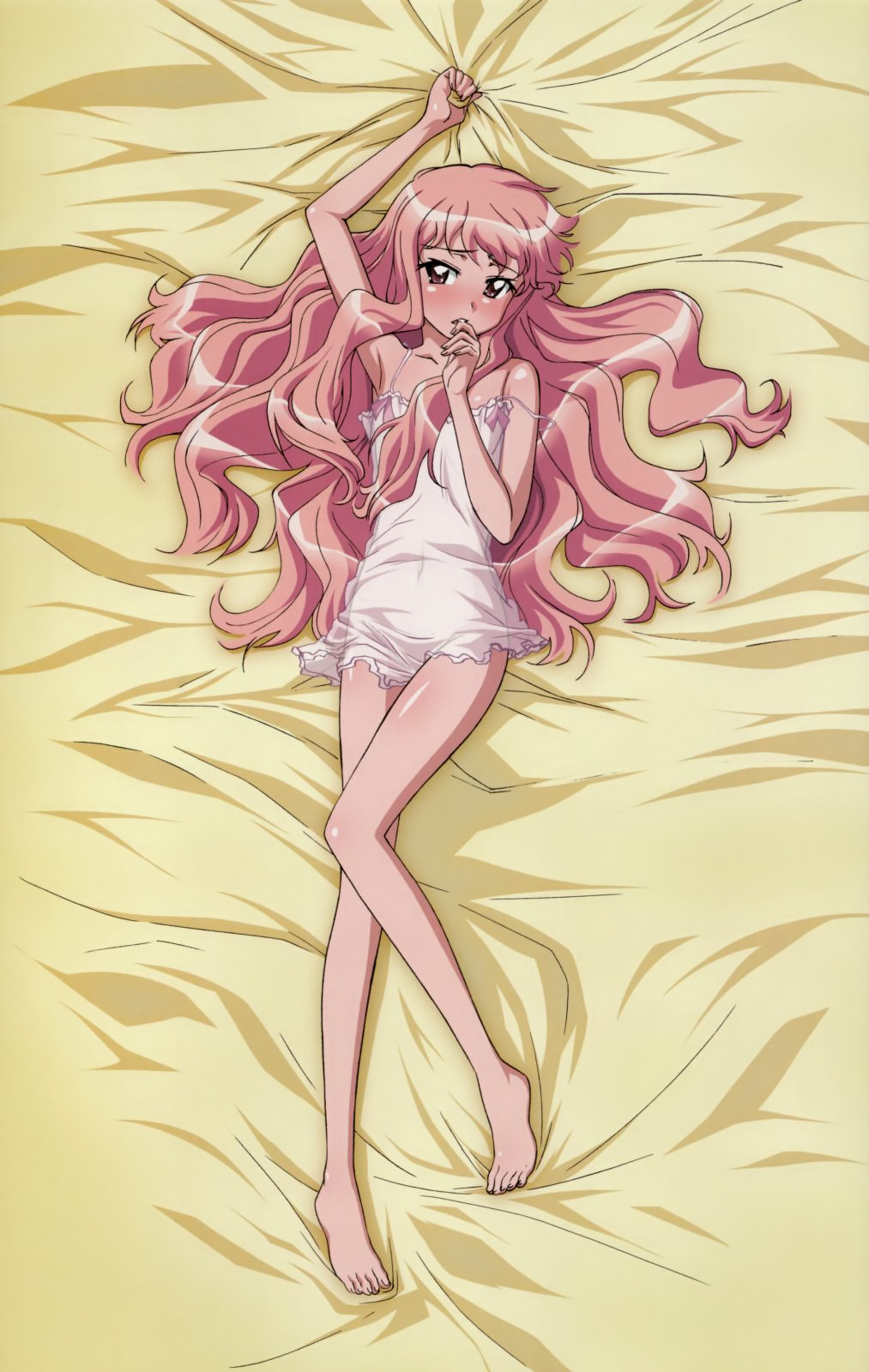 armpits barefoot bed_sheet blush chemise feet flat_chest fujii_masahiro highres lingerie long_hair looking_at_viewer louise_francoise_le_blanc_de_la_valliere lying on_back on_bed pink_hair see-through sheet_grab solo strap_slip underwear zero_no_tsukaima